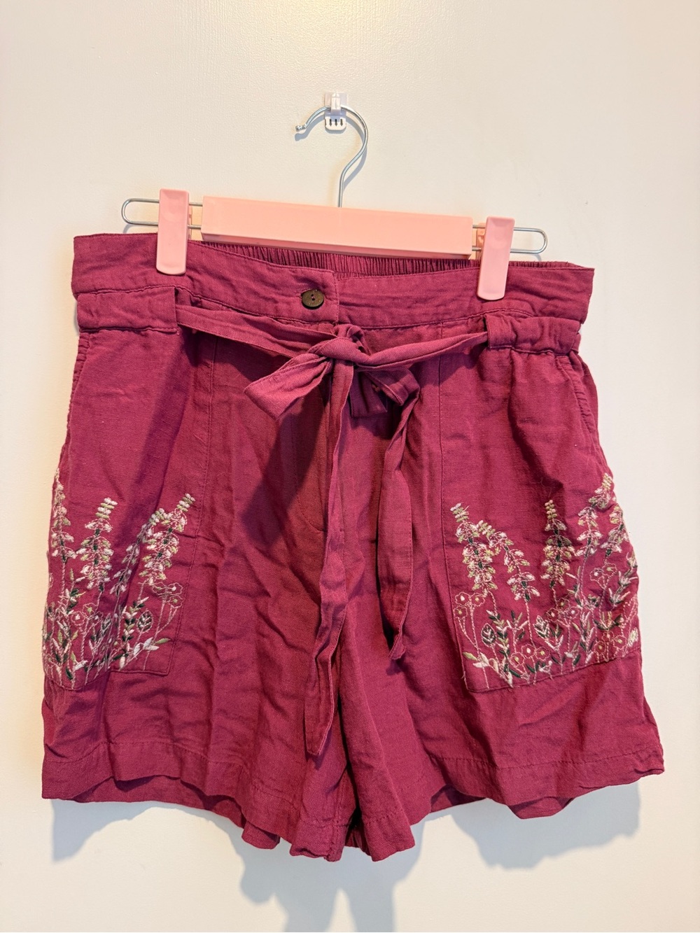 High-Waist Embroidered Tie-Front Shorts in Raspberry